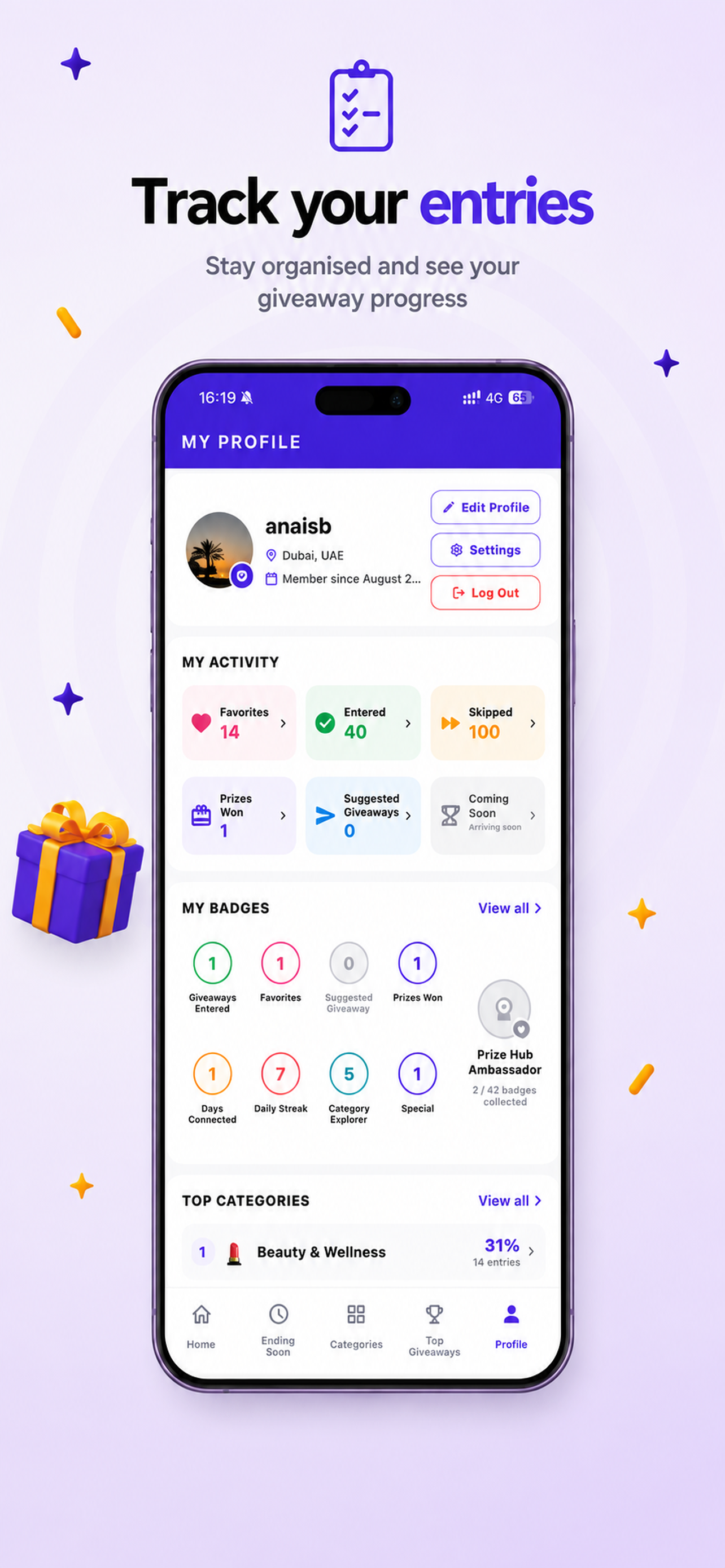 Track your Prize Hub giveaway entries and progress
