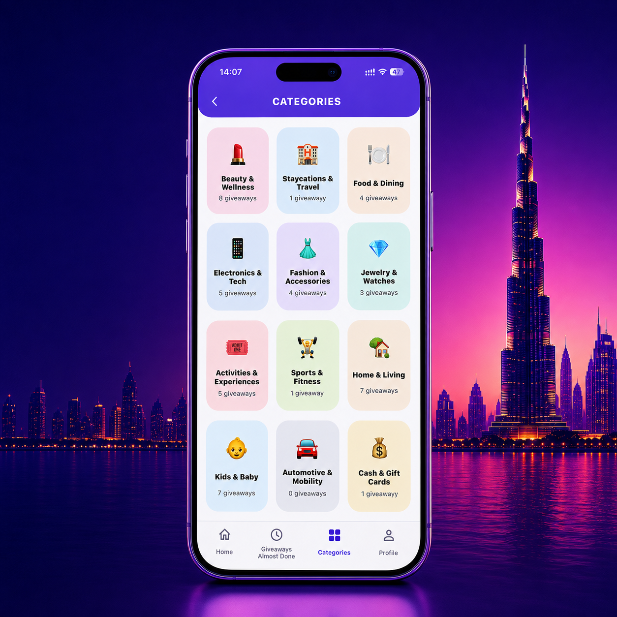Prize Hub categories shown on a realistic phone against a Dubai backdrop