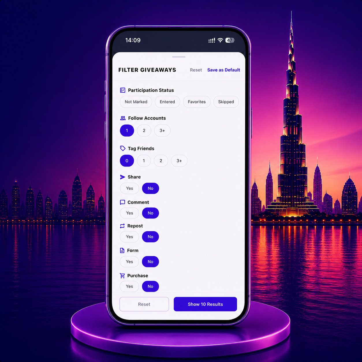 Prize Hub giveaway filters shown on a realistic phone