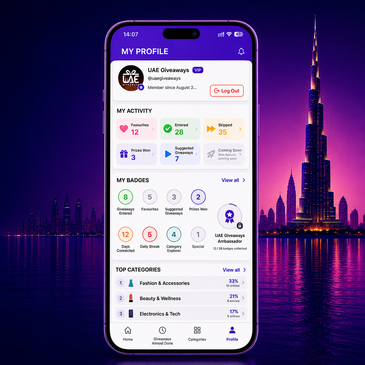 Prize Hub activity tracking shown on a realistic phone